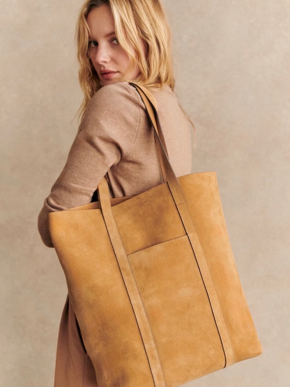 Sézane Le Cabas Tote Bag in a Camel Suede